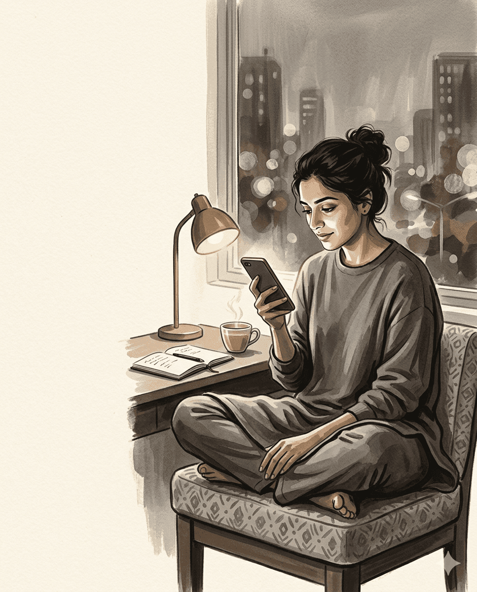 Aanya, an Indian student, on her phone at 2am weighing a programme decision