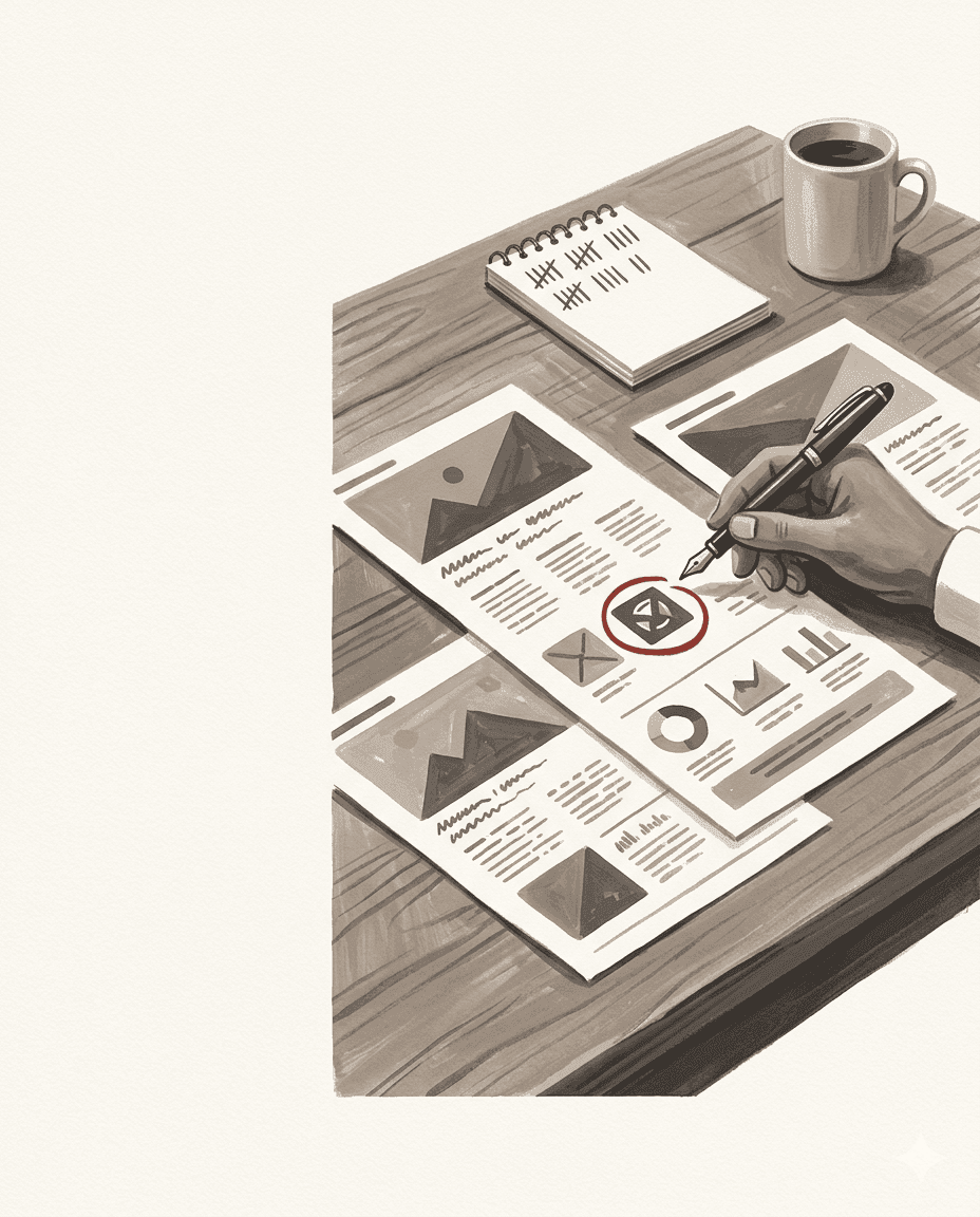 Hand circling the winning ad layout among printed creative variants