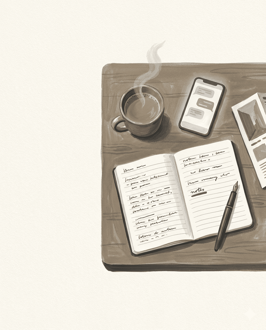 A notebook of programme comparisons beside a phone showing a Sensei chat