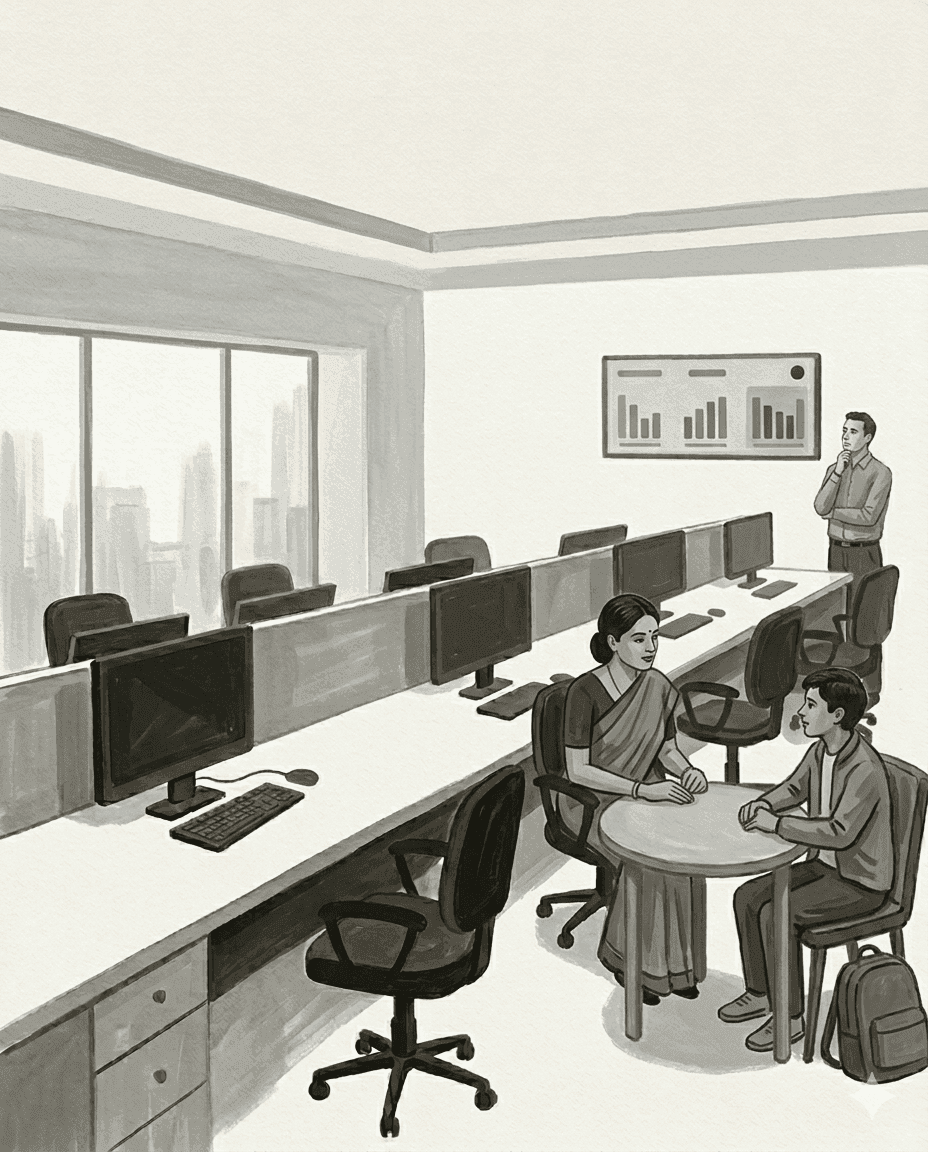 The same call centre, mostly empty, counsellors coaching, agents handling the volume