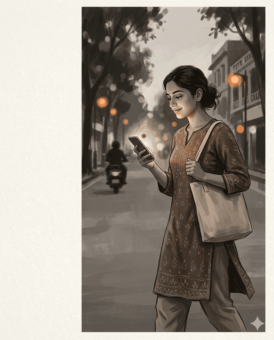 A student walking at dusk, glancing at a WhatsApp notification on her phone