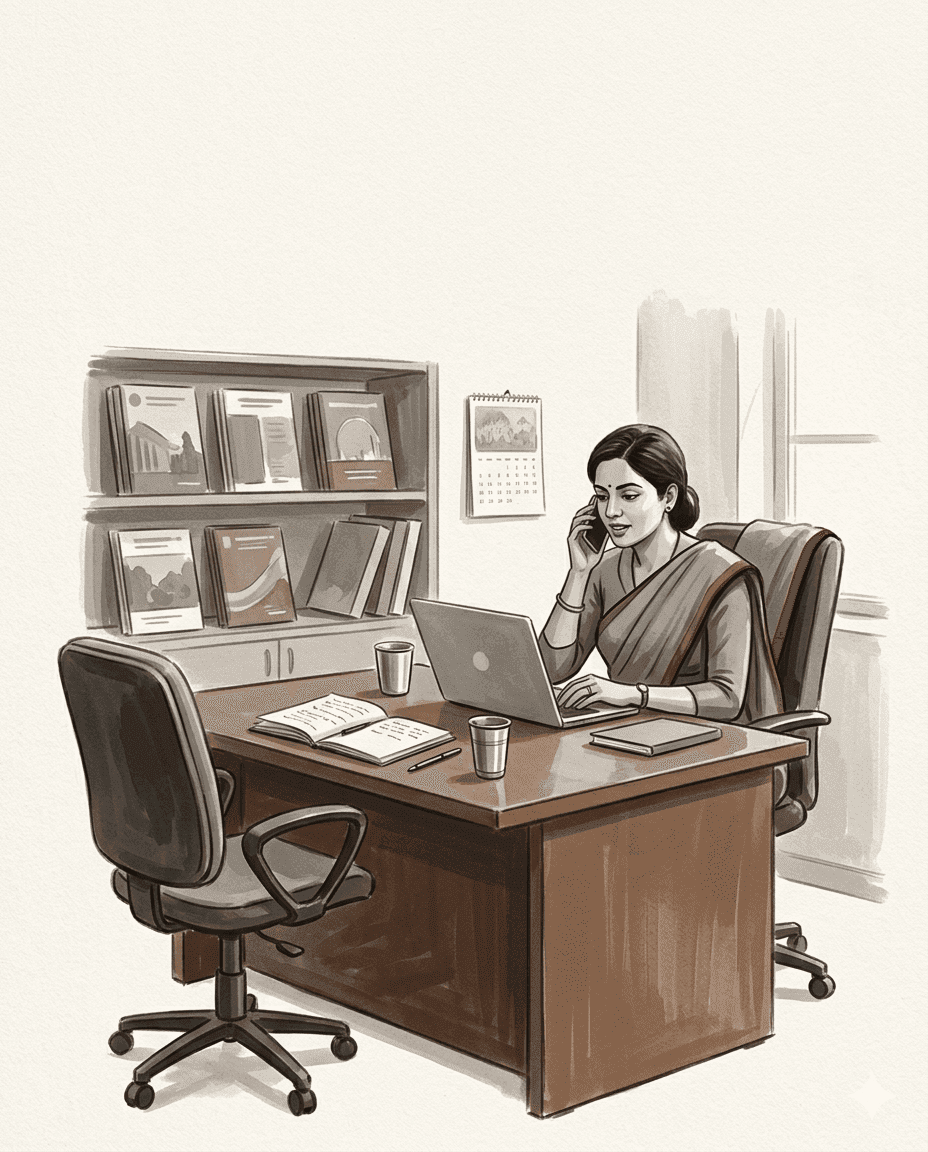 An Indian admissions counsellor at a wooden desk, mid-conversation on her laptop, with a second seat actively in use beside her